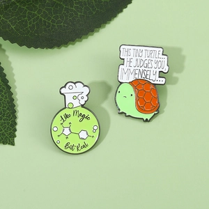 Creative chemistry flask and turtle enamel pin set featuring science-themed English slogans