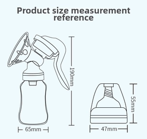 Detailed technical diagram showing 190mm manual breast pump dimensions and parts