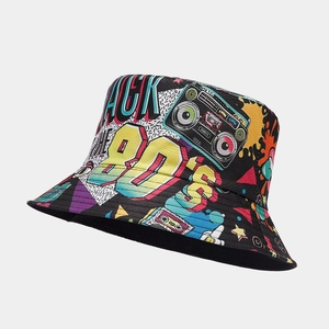 Close-up of retro 80s graffiti bucket hat featuring vibrant colors and printed patterns