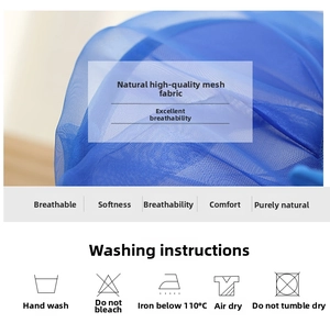 Detailed blue mesh fabric texture and washing instructions for large sun hat