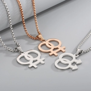 Polished LGBTQ+ gender symbol pendants in silver and rose gold finishes on box chains