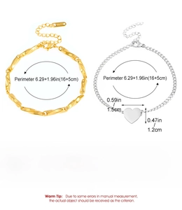 Detailed view of stainless steel bracelets with dimensions, heart pendant and gold plating