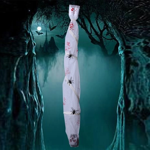 Spooky Halloween hanging cocoon prop with bloody white fabric and black spiders decor