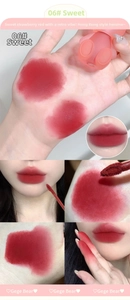 Swatches of 06 Sweet matte lip mud showing vintage strawberry red on arm and lips