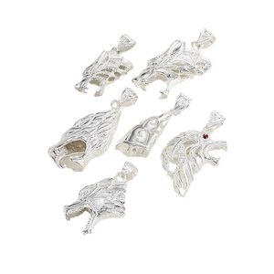 Collection of S925 sterling silver wolf head pendants with intricate engraved textures
