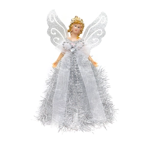 Close-up of silver Christmas angel tree topper with glittery wings and bead details