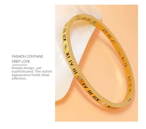 Detailed view of gold titanium bangle featuring roman numerals and inlaid zircons