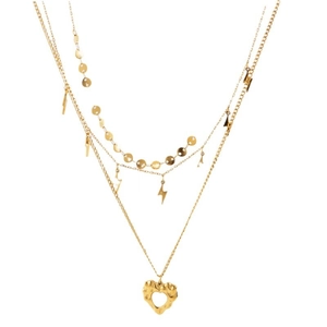 Layered gold necklace featuring heart and lightning pendants with shiny round discs