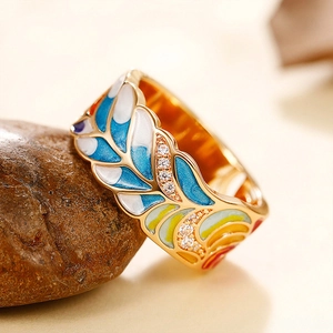 Wide Band Copper Ring Colorful Enamel Feather Pattern Zircon Inlay Bohemian Style For Women