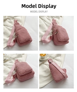 Vier Ansichten der pinkfarbenen Cord-Umhängetasche mit verstellbarem Gurt und Zipper