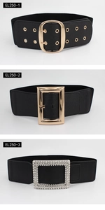 Detailed comparison of three black elastic waist belts with different gold and silver buckles