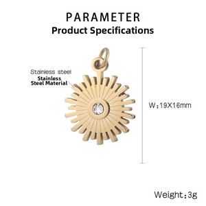 Macro detail of sunburst stainless steel pendant with zircon inlay and product measurements