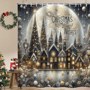 Détail du rideau de douche de Noël avec ville enneigée et décor festif au clair de lune