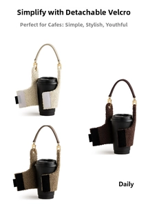 Detail of lamb wool coffee cup sleeves with leather handles and velcro closure