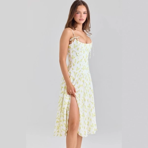 Abito Midi In Chiffon A Fiori Da Donna Spalline Con Fiocco Corpino A Corsetto Spacco Alto Estate Vacanza Elegante Senza Maniche