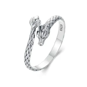 Vintage 925 Sterling Silver Dragon Coiled Open Ring For Men Women Chinese Style Retro Oxidized Animal Scale Texture Adjustable Jewelry Gift