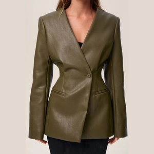 Women PU Leather Jacket V Neck Single Breasted Waist Cinched Long Sleeve British Style Retro Commuter Faux Leather Blazer