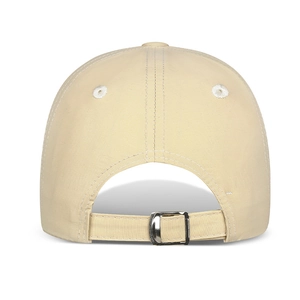 Adjustable beige summer baseball cap back view with metal buckle and breathable eyelets