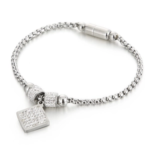 Silver square snake chain bracelet with rhinestone square pendant and magnetic clasp
