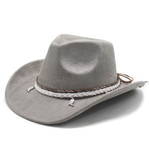 Detailed side view of gray faux suede cowboy hat with braided rope and metal boot charms