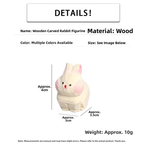 Detail of a handmade wooden rabbit figurine showing 4cm height and craft material specs
