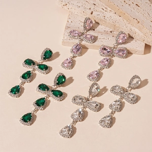 Luxury teardrop tassel earrings with colorful stones and sparkling crystals in silver finish