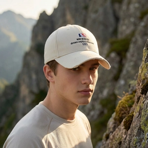 Distressed cream cotton baseball cap with vintage letter embroidery in outdoor setting