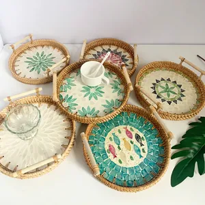Round Rattan Woven Serving Tray With Mother Of Artificial Pearl Shell Mosaic Inlay And Wood Handles Handmade Decorative Table Basket