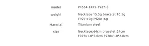 Size chart showing titanium steel necklace and bracelet weights and dimensions