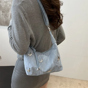 Fashion light blue pleated crossbody bag with silver butterflies and adjustable strap