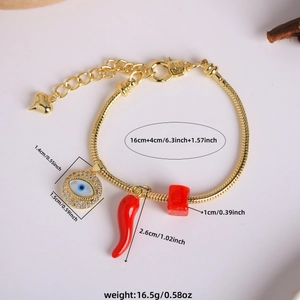 18K gold plated evil eye and red chili charm snake chain bracelet with zircon accents