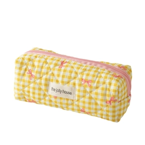 Trousse à maquillage jaune à carreaux avec nœuds roses et fermeture éclair de voyage
