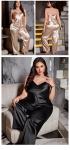 Detail of satin pajama set featuring V-neck camisole and trousers in champagne and black