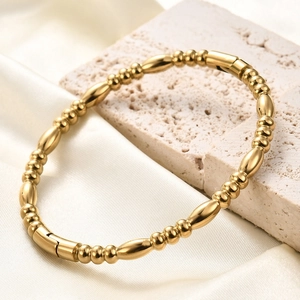 Minimalist 18K gold bamboo style stainless steel beaded link bracelet for women