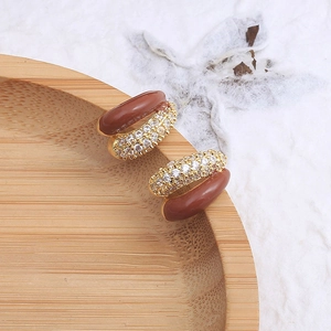 Vintage C Shape Hoop Alloy Earrings With Zircon Inlaid Brown Enamel And 925 Sterling Silver Earring Post