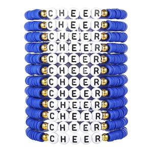 Close-up of 12-piece blue clay bead bracelets set featuring white CHEER letter beads