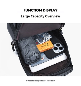 Internal view of the black crossbody bag showing large capacity for tablet and umbrella