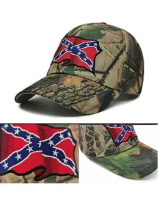 Detailed close-up showing woodland camouflage pattern and flag embroidery on baseball cap