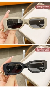 Détail des lunettes de soleil rectangulaires kaki et noires avec verres gris foncé