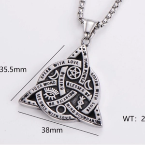 Vintage stainless steel celtic triangle knot pendant with dimensions and engraved quote