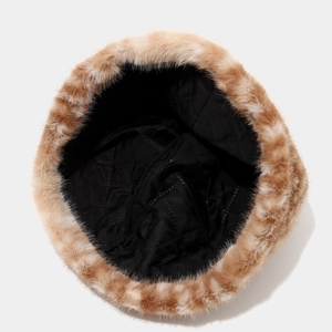 Faux fur winter bucket hat with deer spotted print and warm black quilted lining