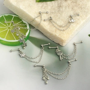 Stainless steel industrial barbell chain earrings with star, heart, and wing pendants