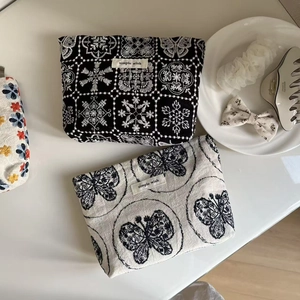Vintage cotton linen pouches with embroidery and butterfly prints for cosmetics