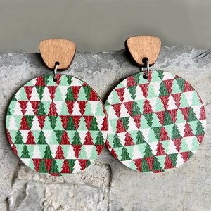 Nordic round geometric wooden drop earrings with red and green Christmas tree patterns