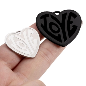 Polished heart shaped LOVE pendant charm in silver and black finish for DIY jewelry