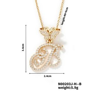 Detailed dimensions of letter B pendant necklace with butterfly link and cubic zirconia