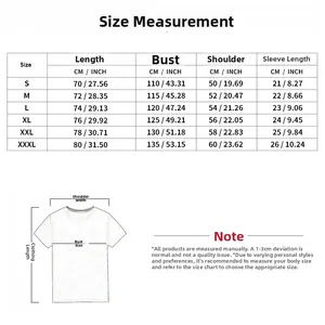 Size chart for men's corduroy knit pullover with detailed length and bust measurements