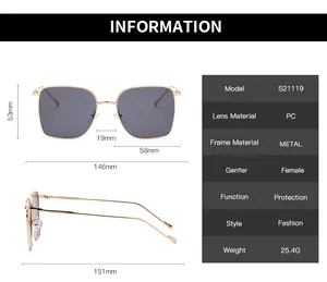 Detailed size chart for square metal frame sunglasses with 146mm width dimensions