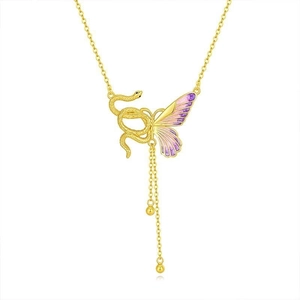 Detail of snake and purple butterfly pendant with metallic ball tassels on a gold chain
