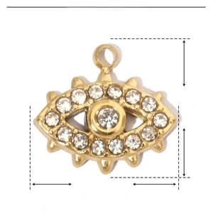 Detailed specs for gold evil eye pendant in stainless steel with white rhinestones